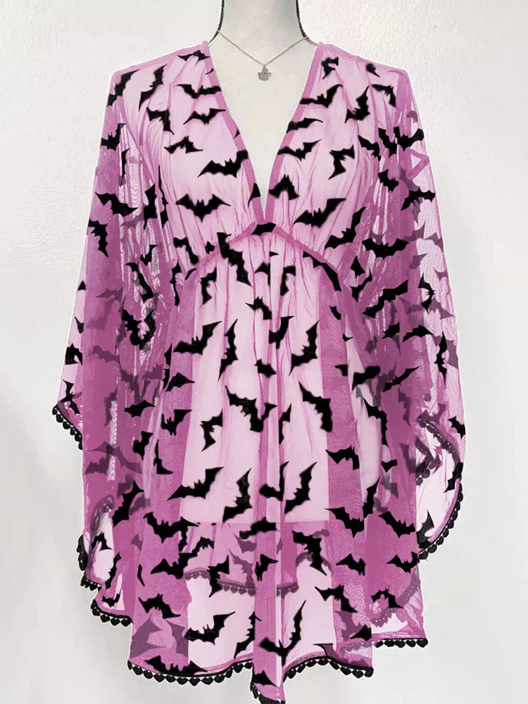Bat Print Sheer Chiffon Wing Detail V-Neck Loose Mini Dress