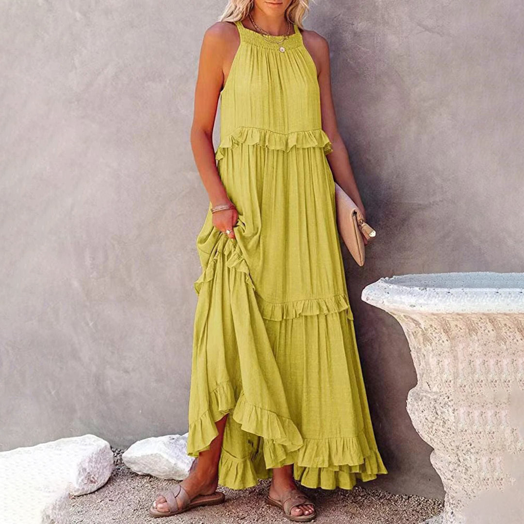 Halter Smocked Neck Tiered Ruffle Texture Maxi Dress