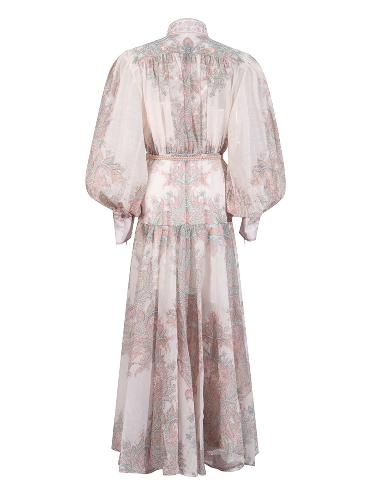 Mandarin Collar Bishop Sleeve Button Front Rope Belt Floral Print Maxi Dress