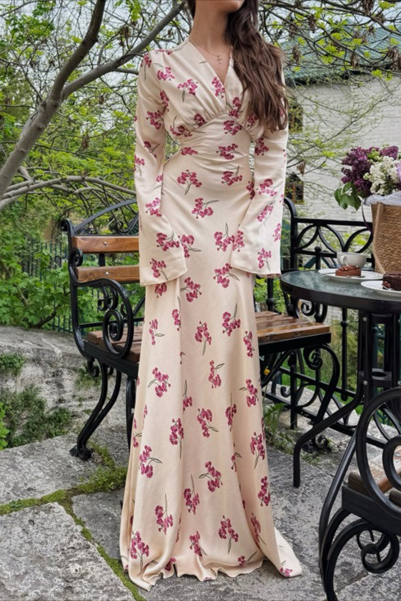 Deep V Neck Flared Sleeve Tiered Maxi Floral Print Dress