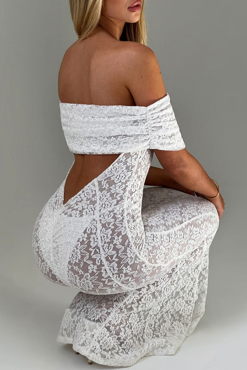 Floral Lace Off Shoulder Foldover Cuff Mermaid Maxi Dress