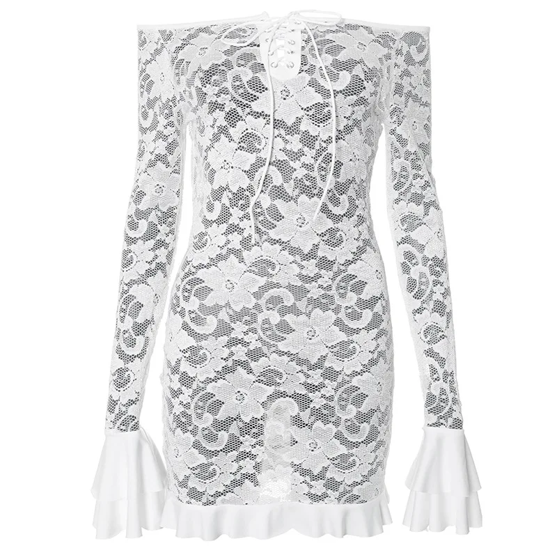 Fantoye Sexy See Through Lace Women Dress White Off Shoulder Flare Sleeve Dress Female Spring Slim Elegant Party Streetwear 2025