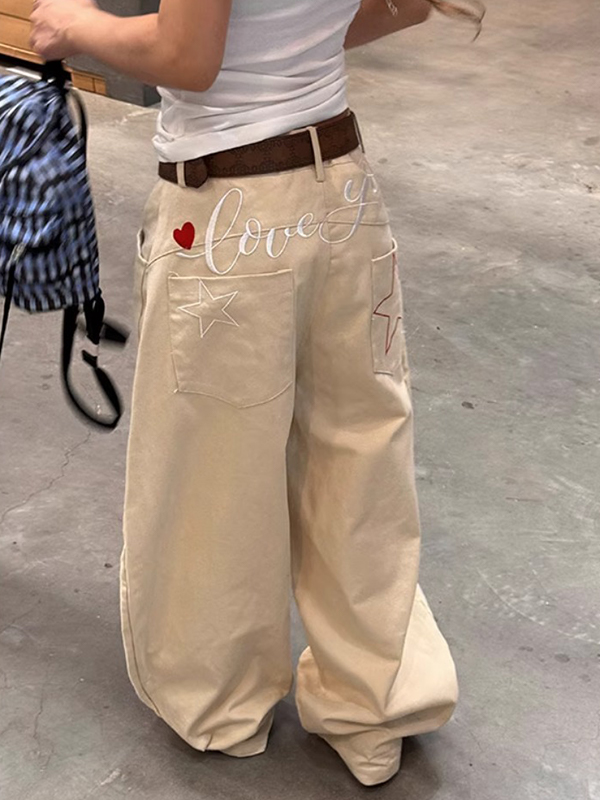 Retro Star Letter Embroidery Boyfriend Jeans