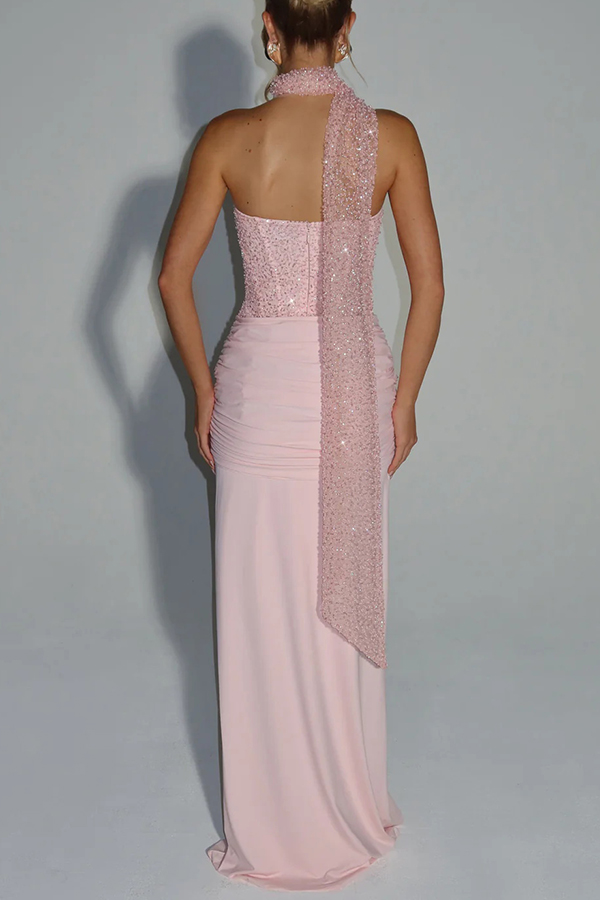 Carina Sequined and Satin Jersey Off Shoulder Ruched Knot Drape Maxi Dress