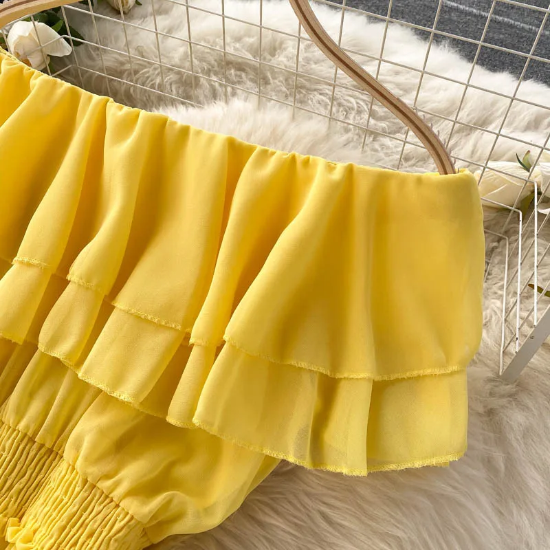 Women Chiffon Beach Dress Sexy Double Layer Ruffled Off The Shoulder Boho Dresses Ladies Sweet Slash Neck Long Dress 41 Women Chiffon Beach Dress Sexy Double Layer Ruffled Off The Shoulder Boho Dresses Ladies Sweet Slash Neck Long Dress