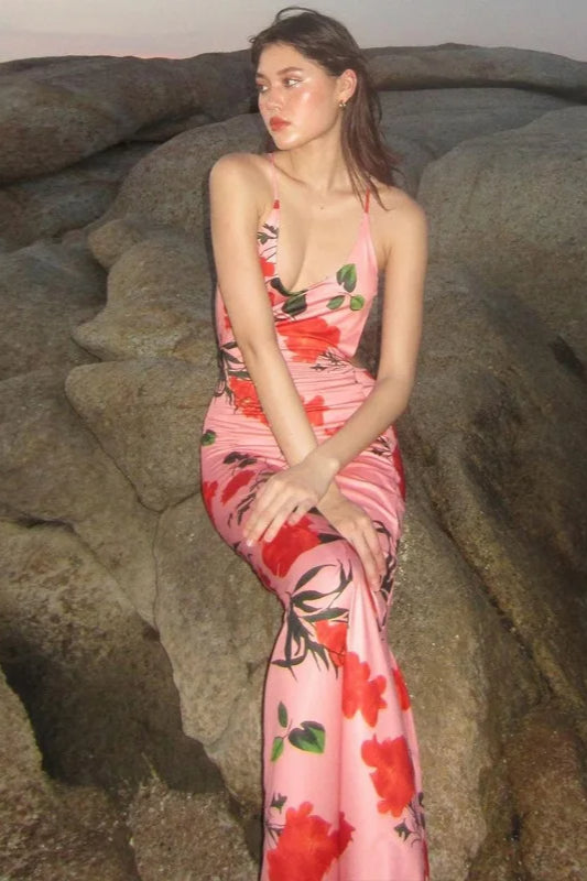 Floral Print Spaghetti Strap Side Cutout Backless Maxi Dress