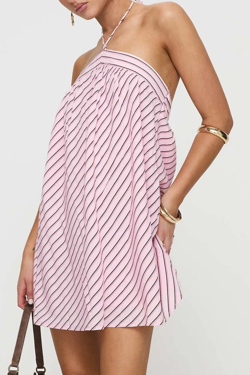 Diagonal Stripe Halter Backless Trapeze Mini Dress