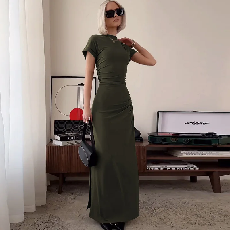 Women's Elegant O Neck Maxi Dress Short Sleeve Slim High Waist Shirring Dress Sexy Side Slit Evening Club Bodycon Dress Lady 21 Women's Elegant O Neck Maxi Dress Short Sleeve Slim High Waist Shirring Dress Sexy Side Slit Evening Club Bodycon Dress Lady