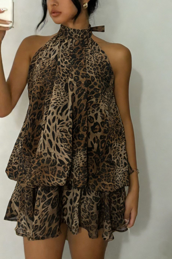 Fashionable Chiffon Halter Neck Backless Lace-up Casual Vacation Mini Dress