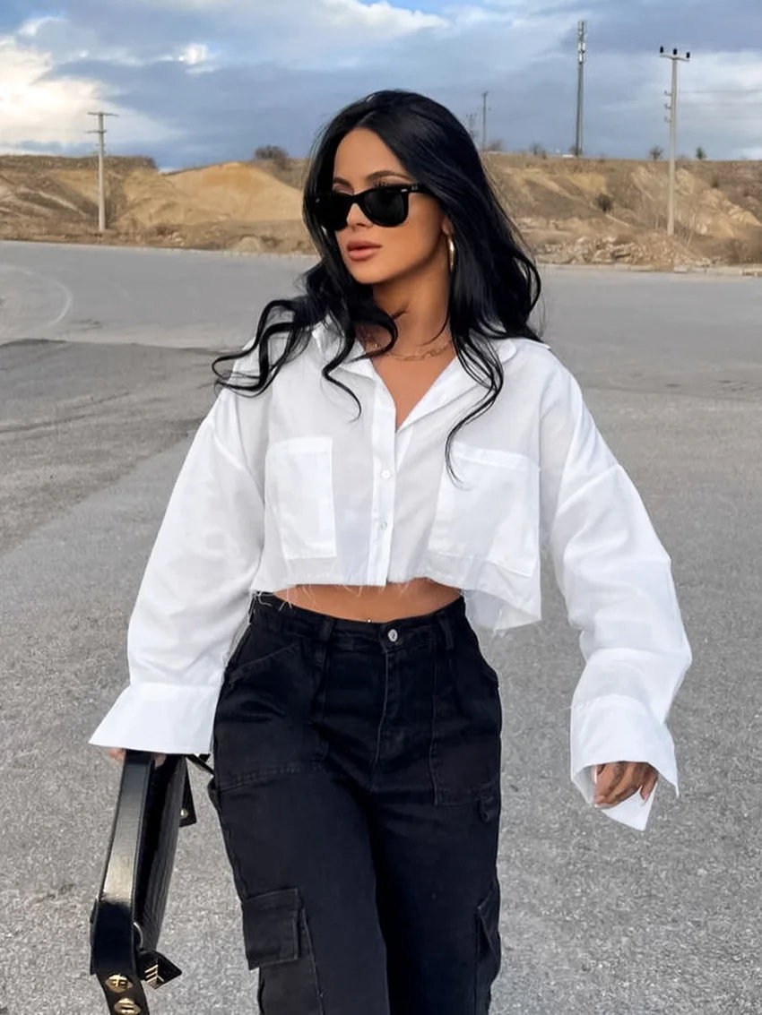 Ootddress Lapel Pocket Casual Shirts For Women Long Sleeve Loose Patchwork Crop top Y2k Outfit Solid High Street Cardigan Blouse