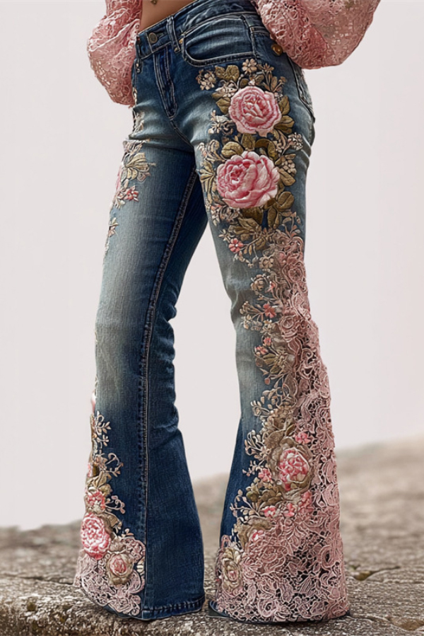 Floral Printed High-waisted Pocket Casual Flared Jeans