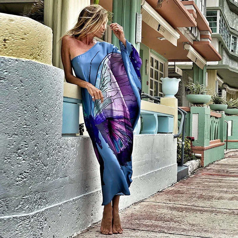 Color Butterfly Print One Shoulder Sleeve Dresses Women Sexy Off Shoulder Loose Beach Vacation Irregular Long Dress Streetwear 21 undefined