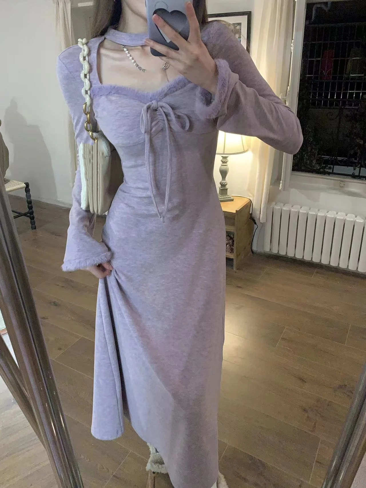 Autumn Winter Solid Knitted Dress Women Faux Fur Patchwork Halter Square Collar Long Sleeves Lace Up Slim French Vintage Vestido 5 Autumn Winter Solid Knitted Dress Women Faux Fur Patchwork Halter Square Collar Long Sleeves Lace Up Slim French Vintage Vestido