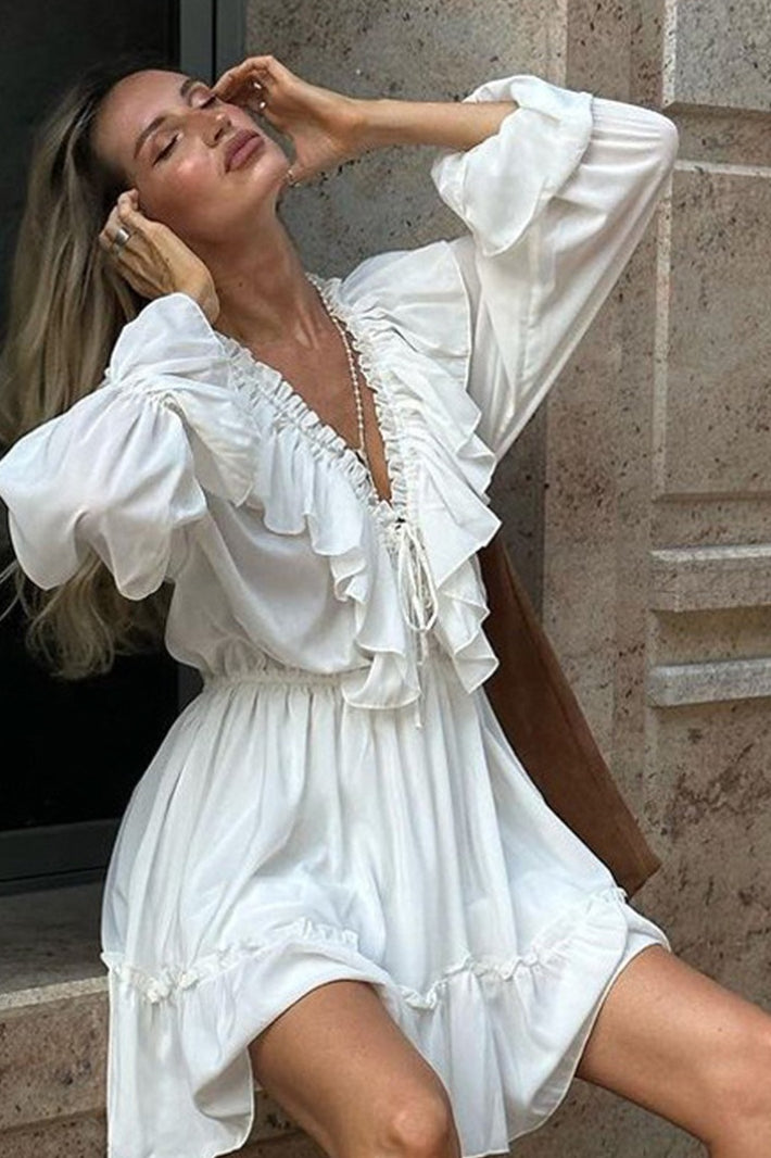 V-Neck Lace-Up Ruffle Trim Balloon Sleeve Mini Dress