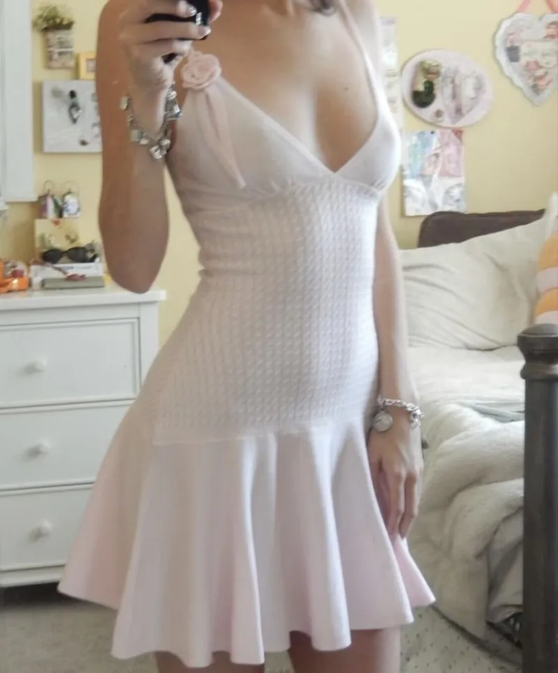 Ootddress Ruffle Knitted Dress For Women Sleeveless V Neck Slim Splice Flower Sundress Ladies Casual Fashion Y2k Solid Dress Woman