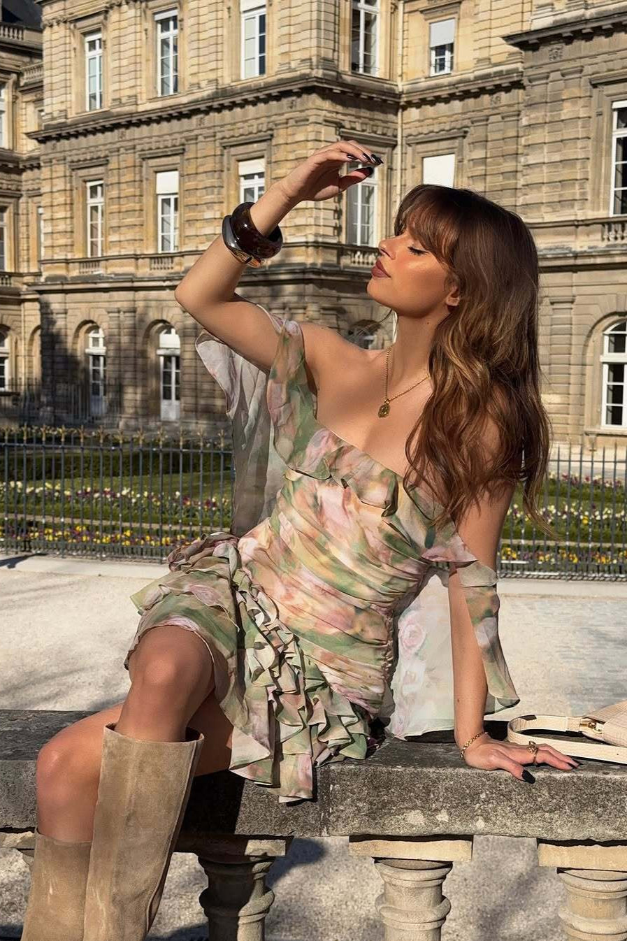 Strapless Floral Print Chiffon Cape Sleeve Tiered Ruffle Mini Dress