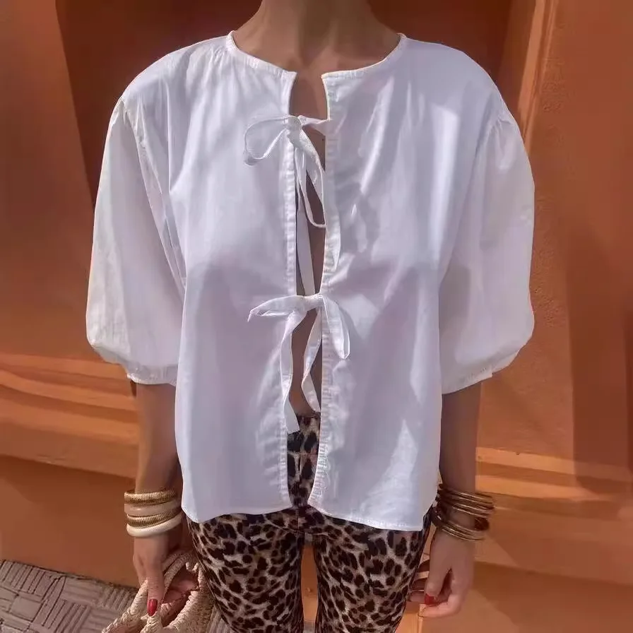 TRAUXY White Lace-up Short Sleeve Shirt For Women Casual Loose Solid Color Patchwork Summer Blouse Female Club Party Outfits