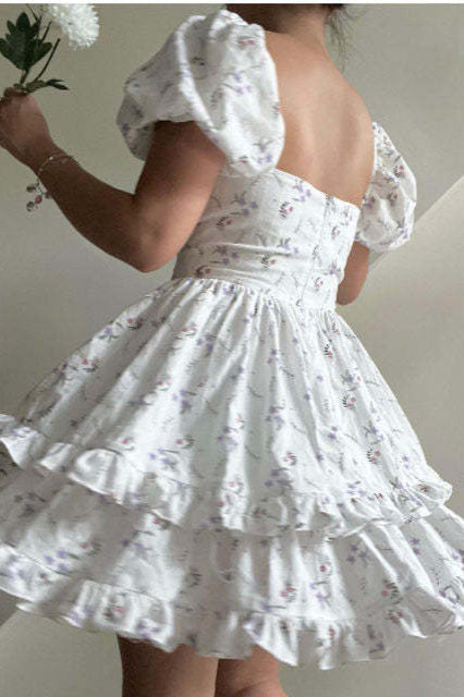 Ditsy Floral Print Sweetheart Puff Sleeve Ruched Tiered Ruffle Mini Dress