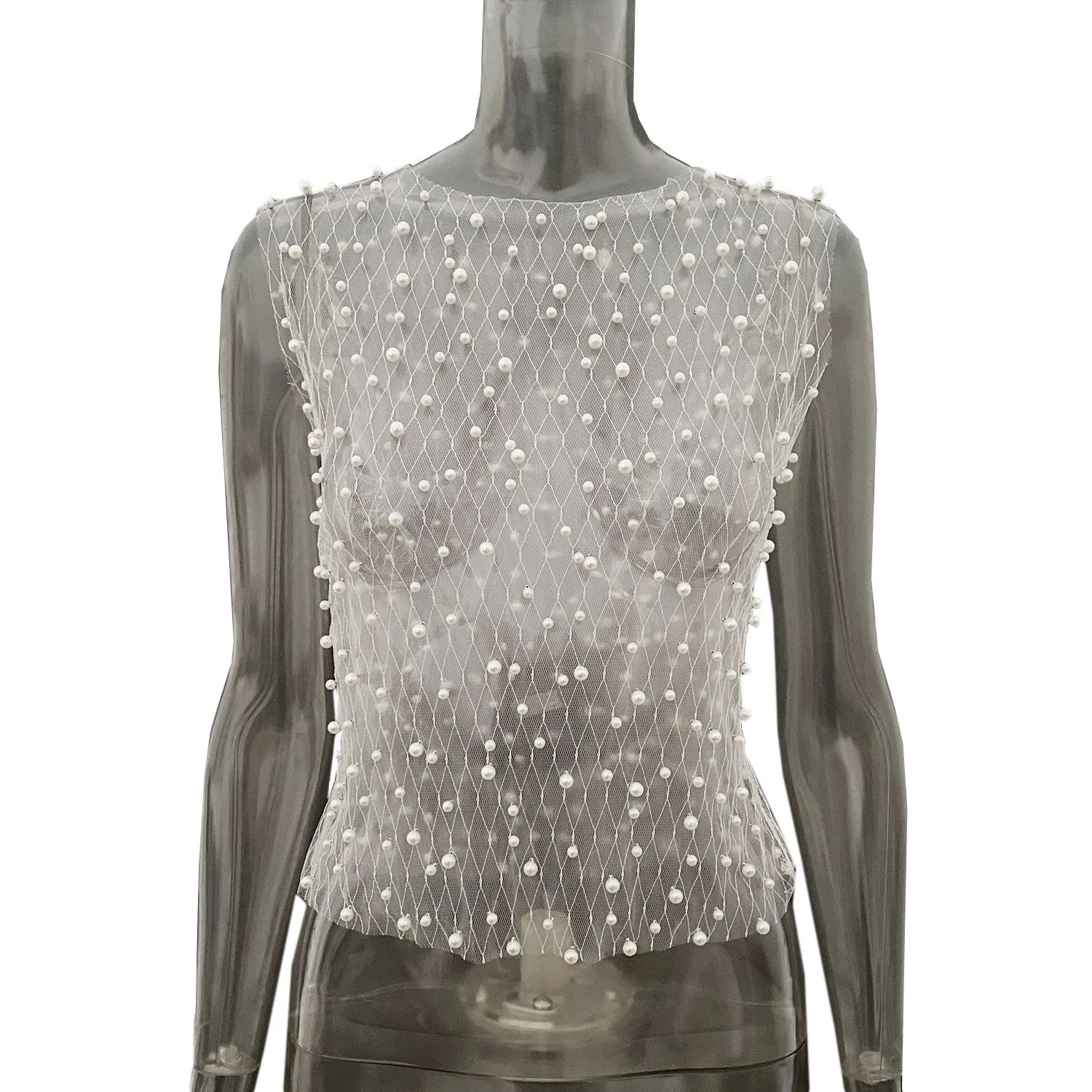 Ootddress Pearl Mesh See-Through Women Tank Top Sexy Sleeveless Round Neck Losse Summer Short T-shirt Female Y2K Fashion Vest 2025