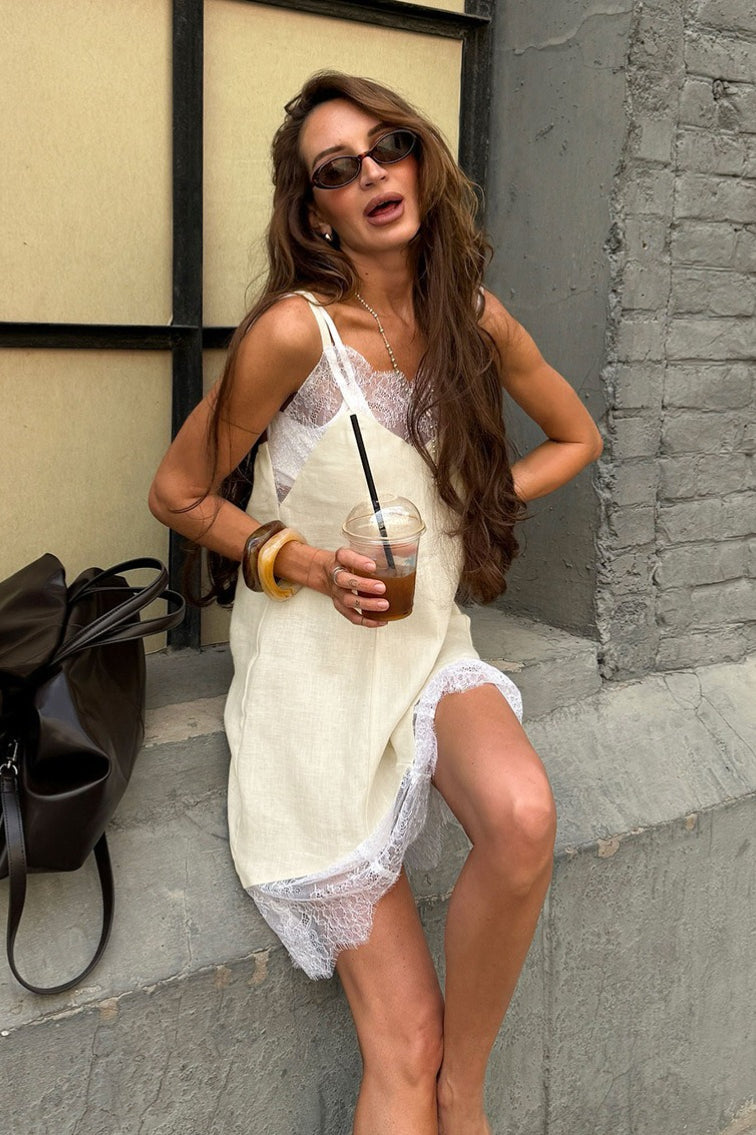 Linen Lace-Trim V-Neck Spaghetti Strap Layered Mini Dress