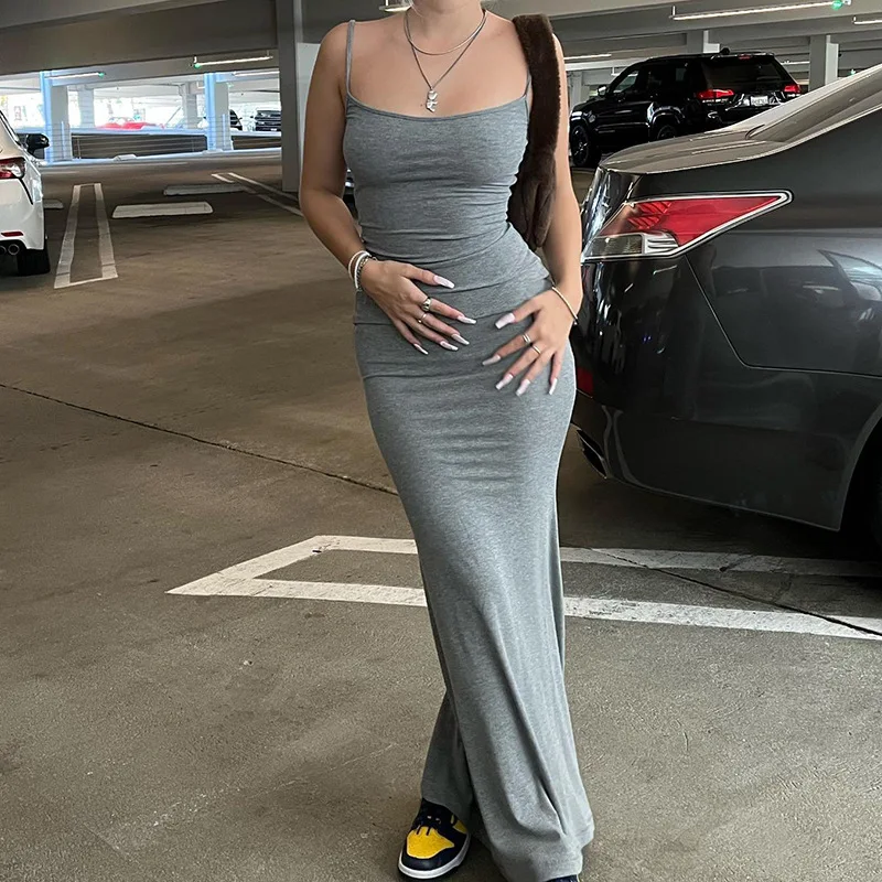 Dresses For Women 2025 Sexy Spaghetti Strap Black Long Dress Evening Y2k Sleeveless Solid Skinny Bodycon Maxi Vestidos