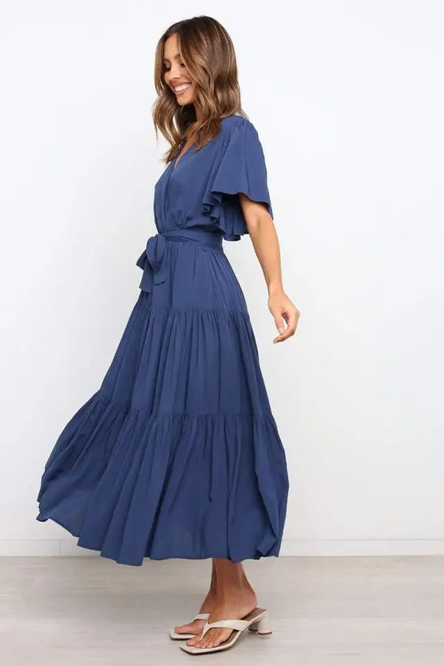 Trendy Solid Color Ruffles Long Dresses Women Sexy V-neck Ruffle Sleeves Leace-up Temperament Elegant Lady Dress 2025 Summer New 32 undefined