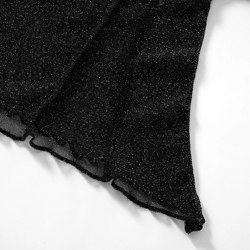 Ootddress Sheer Mesh Crop Top Tee Summer See-Through Streetwear One-Shoulder Tops For Women Slim Cropped Mesh Lace Black T-Shirt