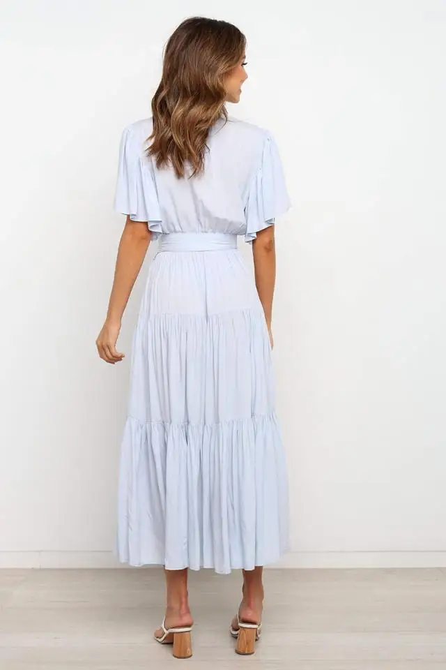 Trendy Solid Color Ruffles Long Dresses Women Sexy V-neck Ruffle Sleeves Leace-up Temperament Elegant Lady Dress 2025 Summer New 43 undefined