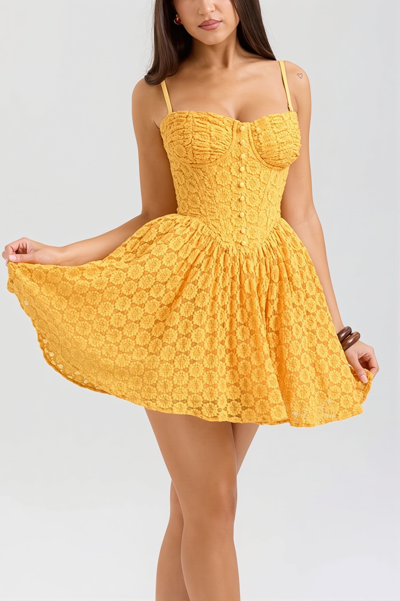 Floral Lace Corset Button-Down Sweetheart Spaghetti Strap Fit and Flare Mini Dress