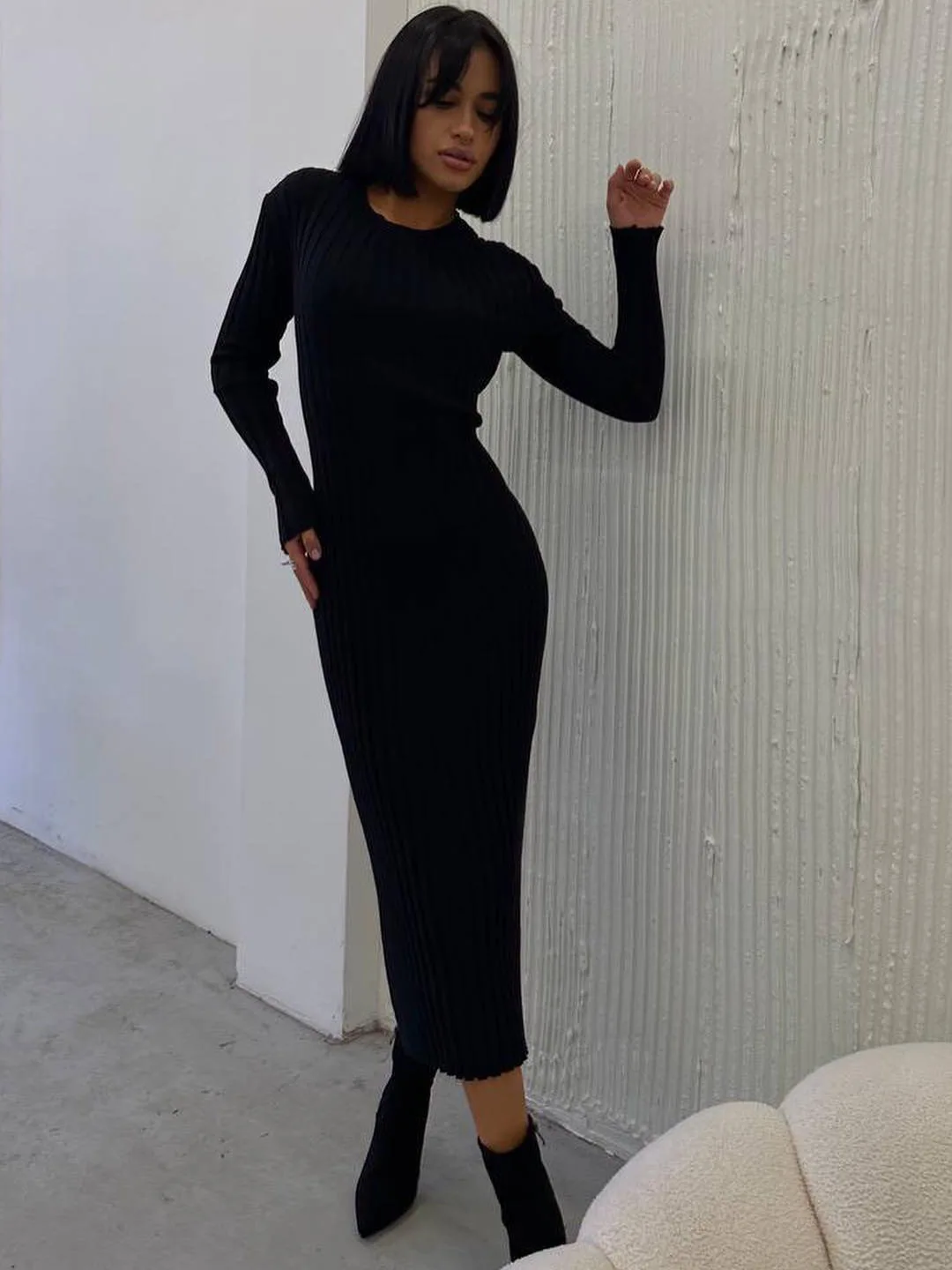 Ootddress Black Autumn Knitwear Maxi Dress Women's Ribbed Loose Patchwork Fashion High Waist Solid Dress Femal Bodycon Knit Dress