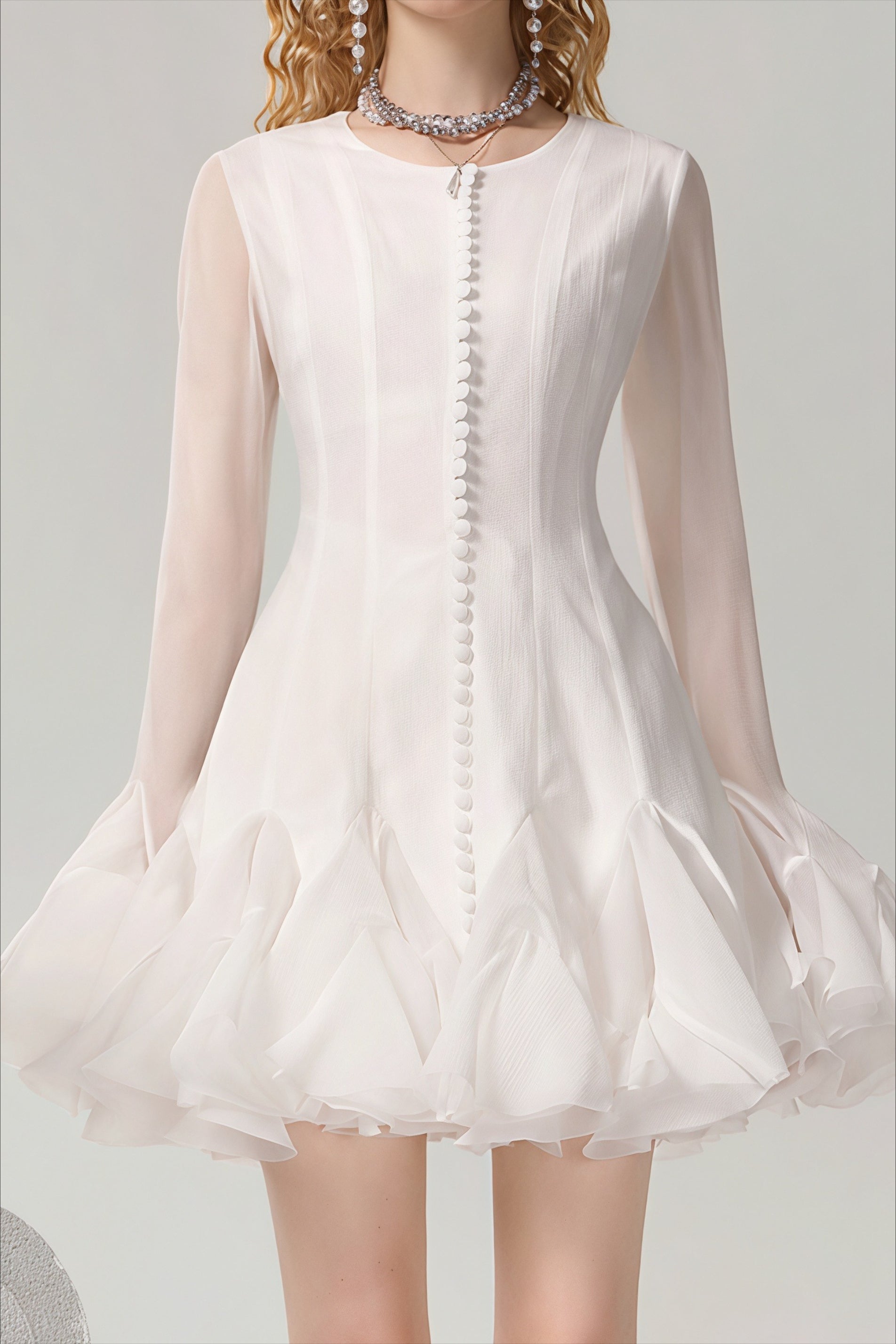 High Neck Button Front Long Sleeve Tiered Ruffle Flounce Mini Dress