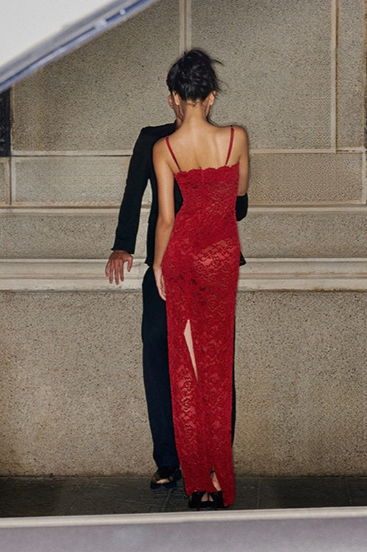 Lace Scalloped Square Neck Spaghetti Strap Bodycon Maxi Dress