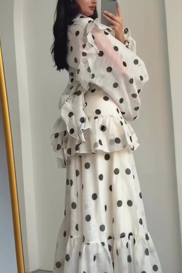 Stylish Polka Dot Print Stand Collar Long Sleeve Elegant Ruffle Maxi Dress