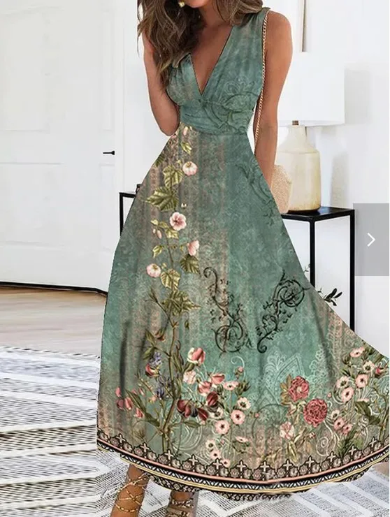 Summer Flower Printed Sleeveless Long Dresses Sexy V-neck Elegant Lady Party A-line Dress Fashion Chic Maxi Evening Vestidos New 6 undefined