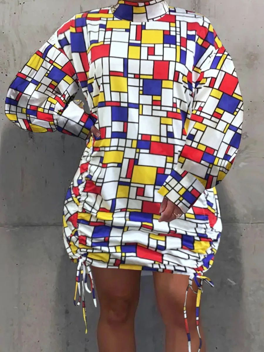 Plus Size Half Turtleneck Fold Design Shirt Dress Lantern Sleeve Loose Mock Neck Straight Drawstring Women's Dress