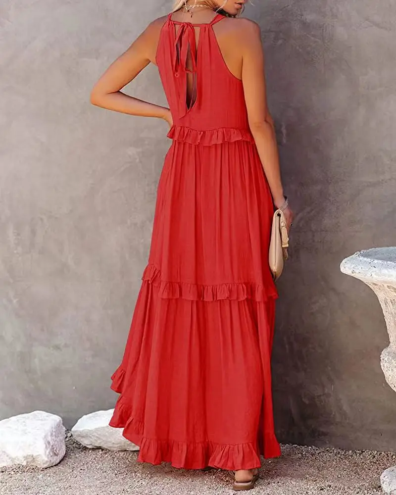 Summer Vacation Style Halter Neck Long Dresses Women Fashion Backless Leace-up Loose Ruffles Beach Dress Elegant Ladies Vestidos 17 Summer Vacation Style Halter Neck Long Dresses Women Fashion Backless Leace-up Loose Ruffles Beach Dress Elegant Ladies Vestidos