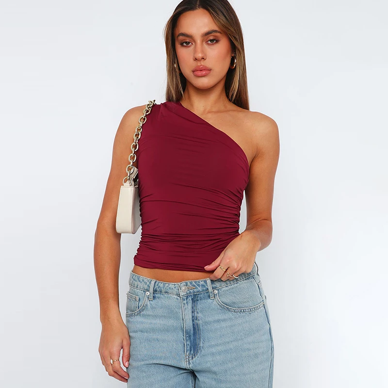 Solid Color One Shoulder Backless Tank Top T-Shirt Candy Color Sleeveless Slim Top