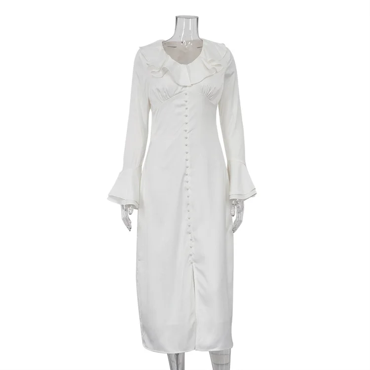 Ootddress Ruffle V Neck Elegant Dress For Women Slim Long Sleeve High Waist Temperament Dresses Femme Party Slit Long Dress Woman