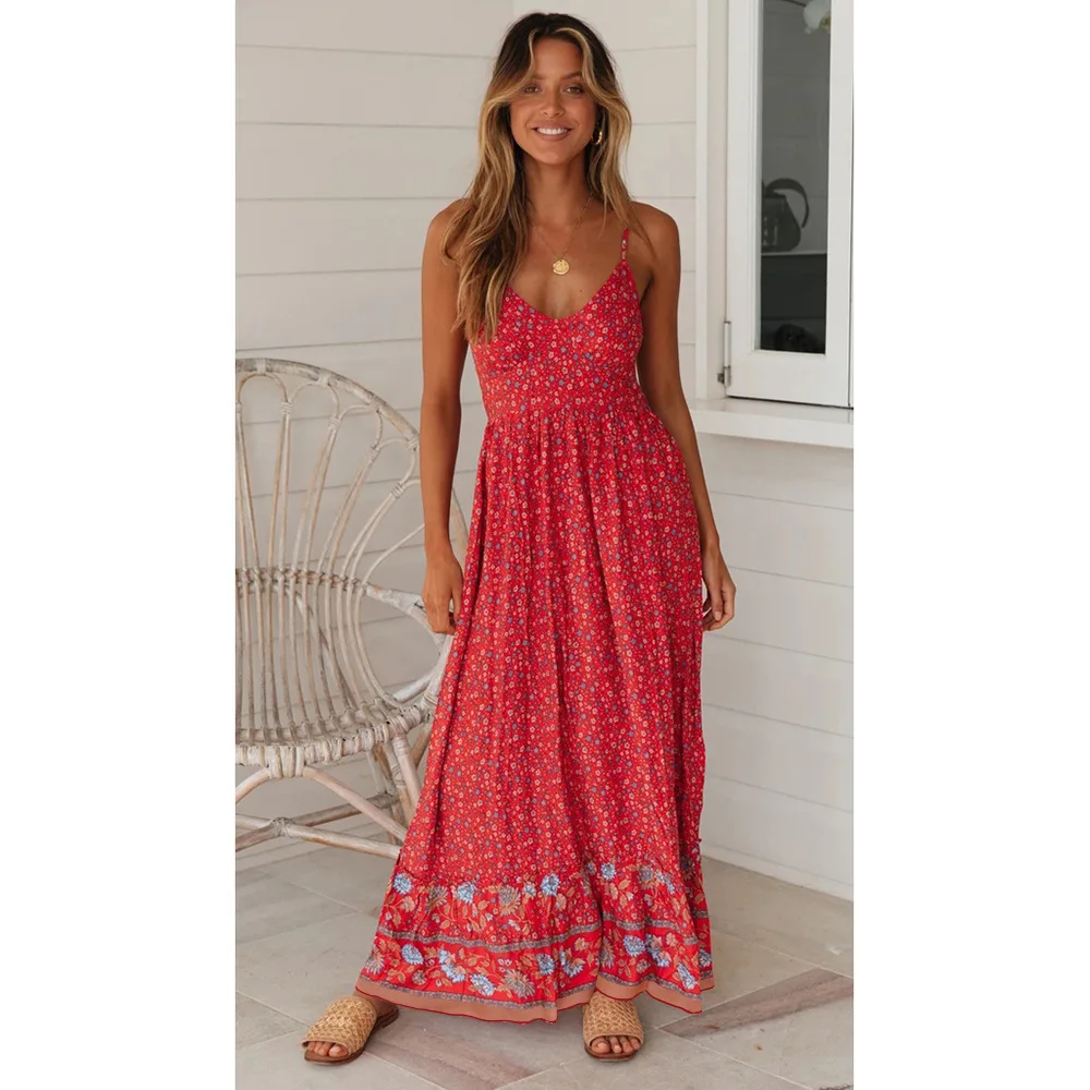 Bohemian Floral Spaghetti Strap Dresses Women Sexy V-neck Backless Casual Beach Vacation Long Dress Female Vestidos Summer New 18 undefined
