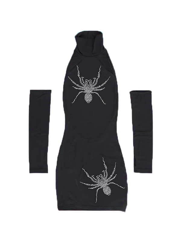 Spider Rhinestone Print High Neck Mini Dress