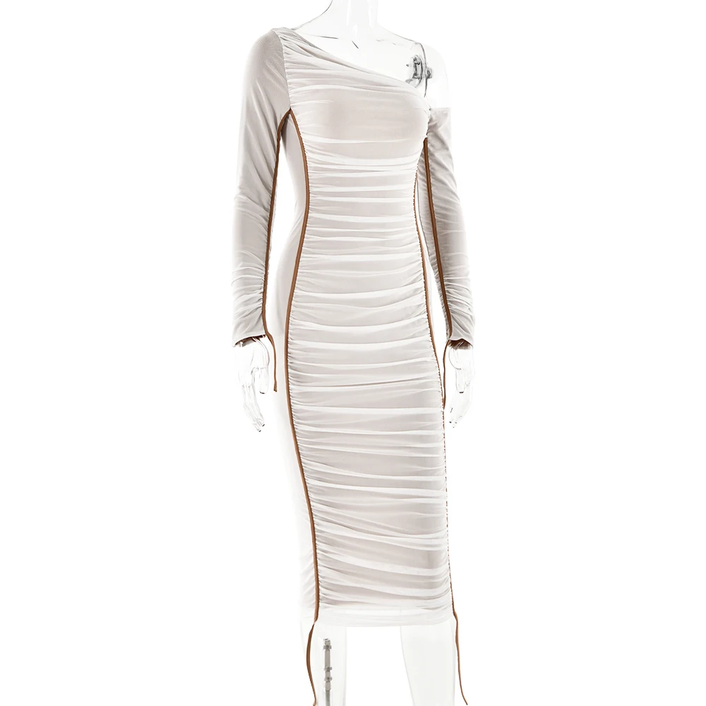 2.jpg Ootddress Elegant Long Sleeved Mesh Patchwork Dress For Women Elastic Tight Double Layered Vestidos Sheath Party Evening Dress