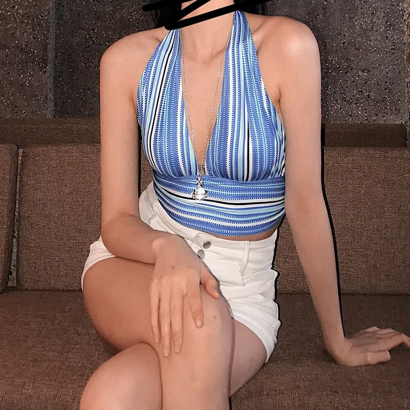 Ootddress 2025 Summer New Stripe Tank Top Women Sexy V-Neck Halter Bandage Crop Top Y2K Backless Party Beach Streetwear DIY Clothing 26 Ootddress 2025 Summer New Stripe Tank Top Women Sexy V-Neck Halter Bandage Crop Top Y2K Backless Party Beach Streetwear DIY Clothing