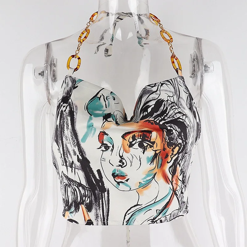 Ootddress Printed Summer Halter Neck Tops For Women Mini Tank Top Beach Party Camis Abstract Oil Painting Design Backless Top 2025