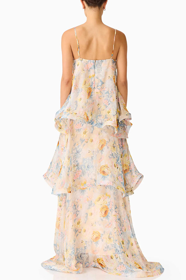 Armani Georgette Fabric Floral Print Tiered Slip Square Neck A-line Maxi Dress