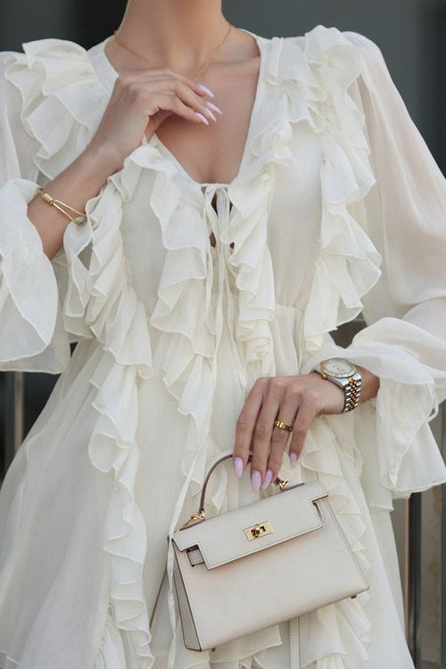 Cascading Ruffle V Neck Bishop Sleeve Tie Cuff Chiffon Mini Dress