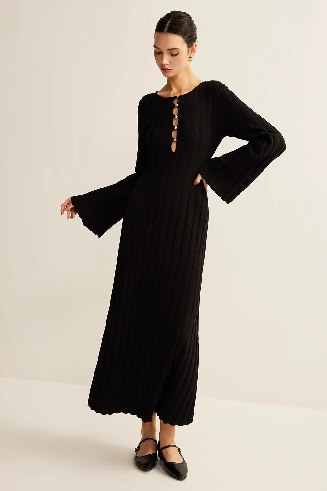 Black V-Neck Button Front Sweater Dress