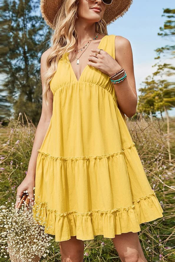 Solid Color V-neck Sleeveless Casual Loose-fitting Vacation Mini Dress