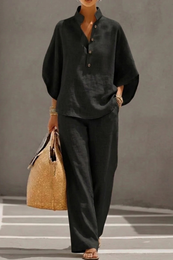 Linen Blend Solid Color Button-down Loose Top and Elastic Waist Pocket Casual Pants Set