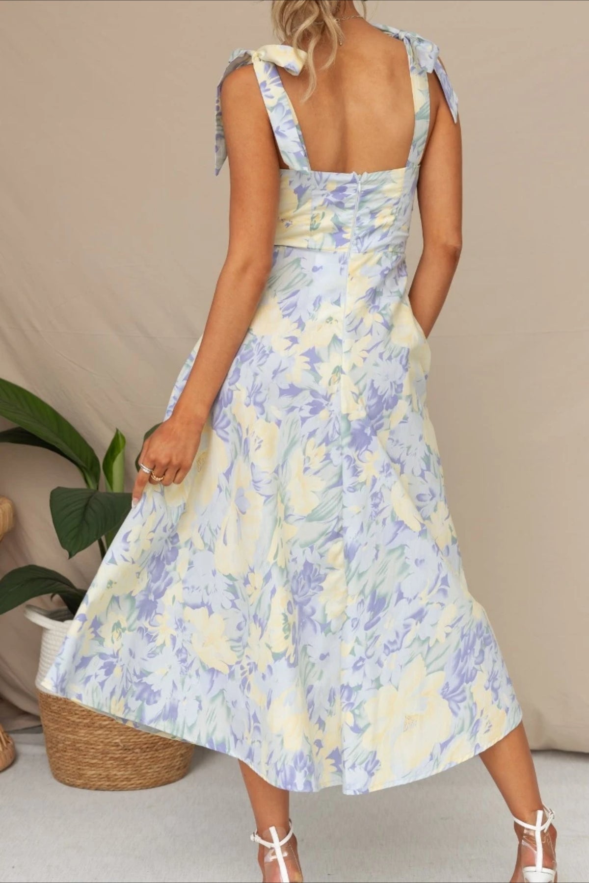 Floral Tie Strap Sweetheart Waist A-Line Summer Midi Dress