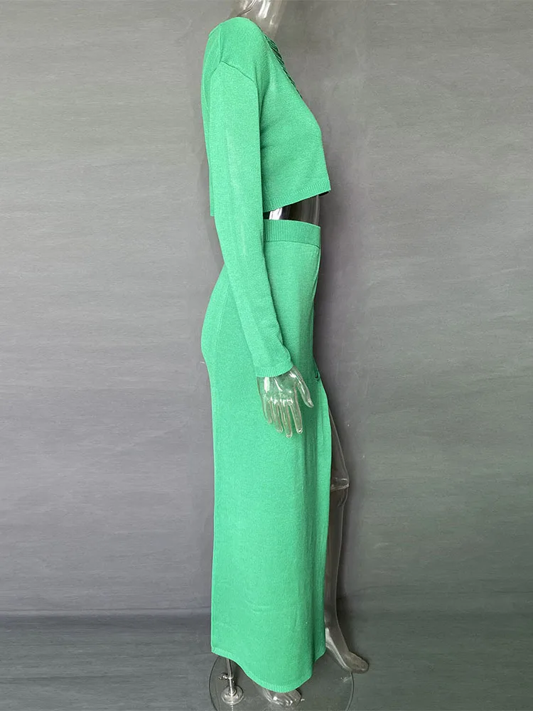 Ootddress Knitted Cover Up 2 Piece Outfits Hollow Out Crochet Knitted Suit Party Dresses Women 2 Piece Matching Set with Midi Skirt